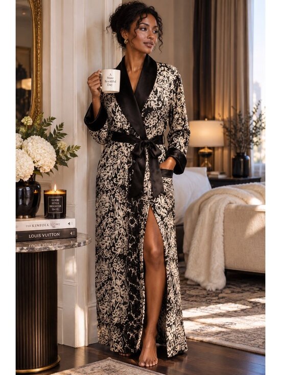 Oscar de la Renta Other - Oscar de la Renta Long Robe M Black Ivory Lace Print Satin Trim Belted 54”